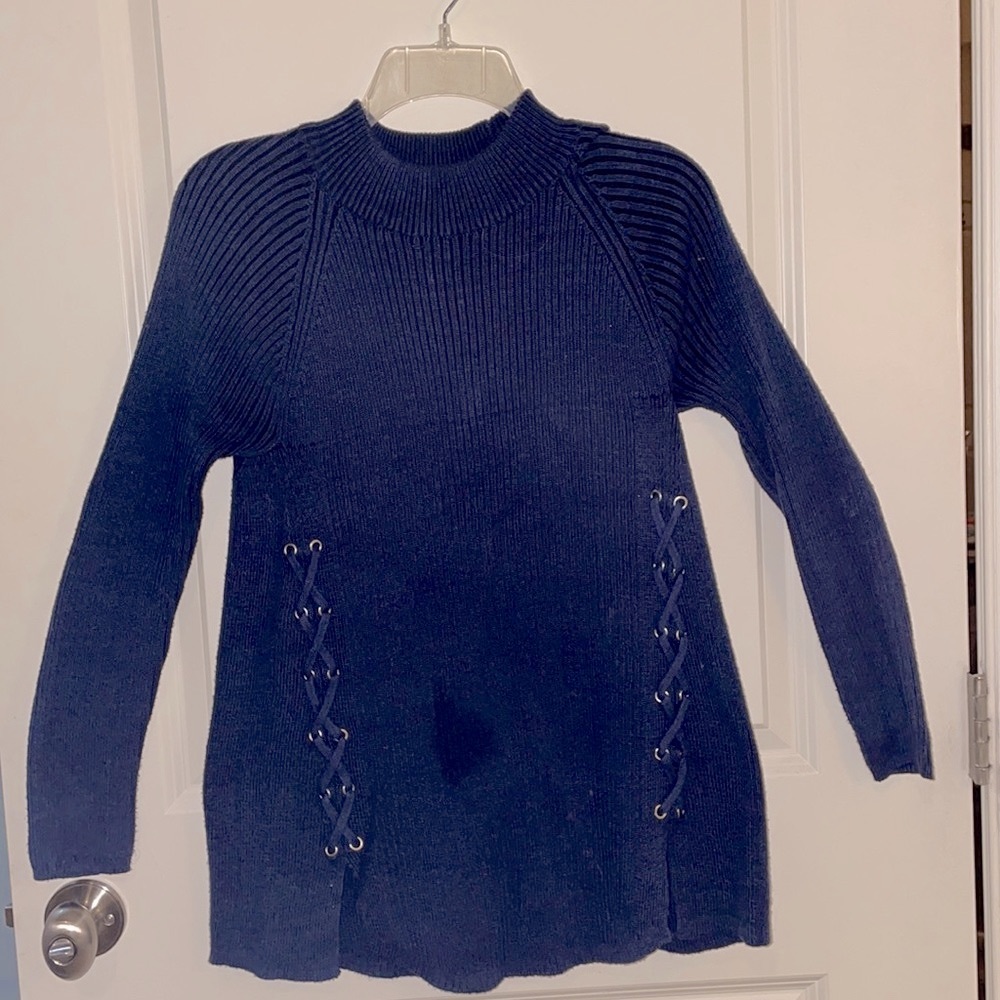 Style & Co navy blue swing sweater with side ribbon ties, size S.
